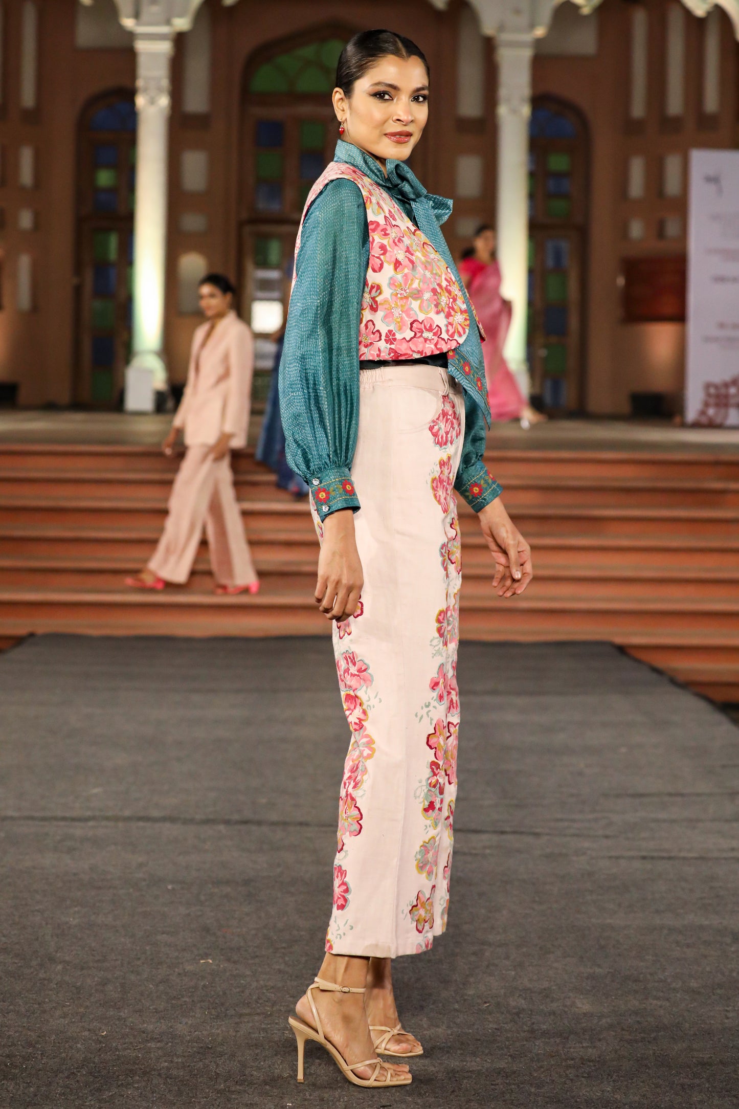 Hand Beaded Vest and Flared Trouser Set - Bright Florals