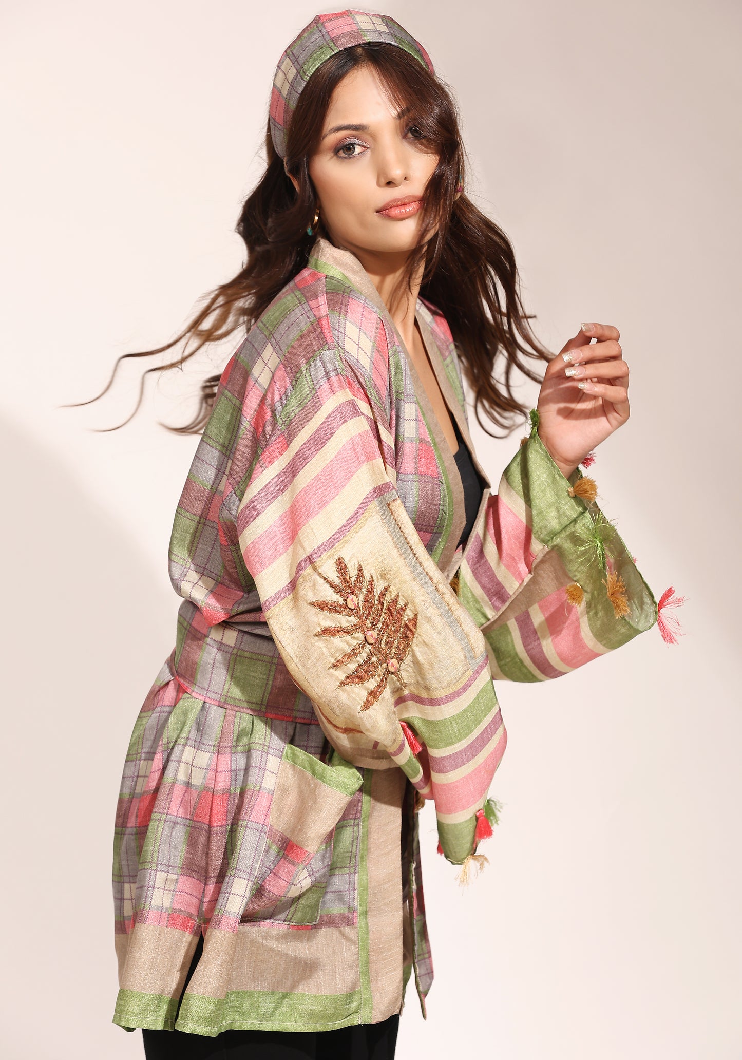 Embroidered Silk Saree Wrap Jacket - Gingham Flora