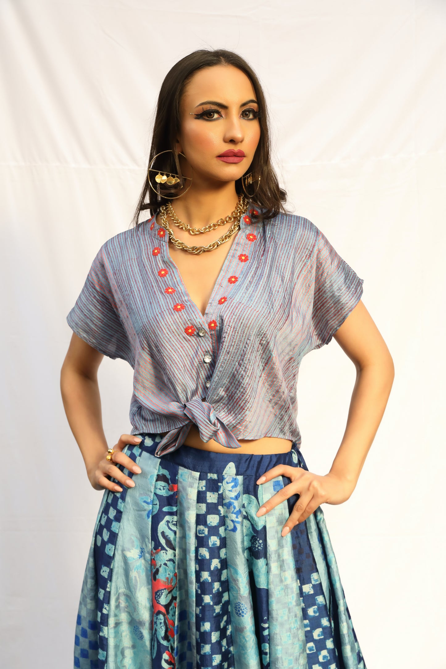 Handloom Silk Panels Skirt and Embroidered Tie Top