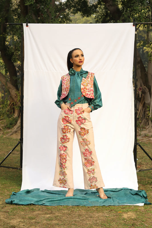 Hand Beaded Vest and Flared Trouser Set - Bright Florals