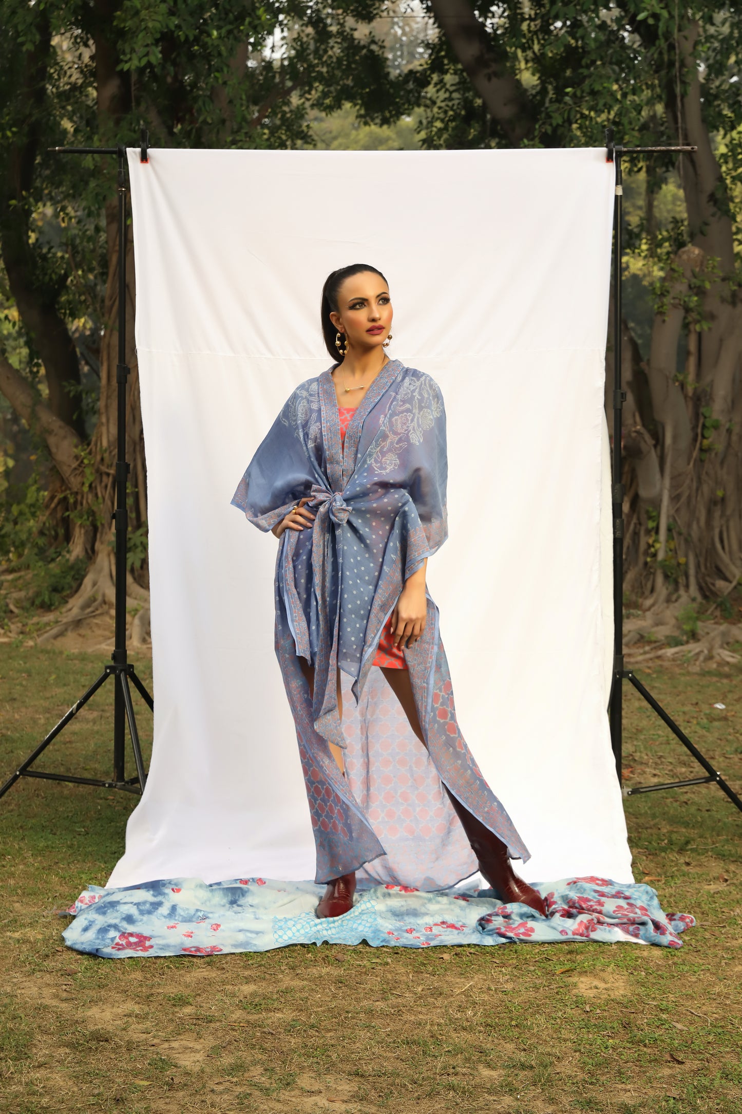 Handloom Silk Cotton Saree Kaftan Dress - Red White and Blue