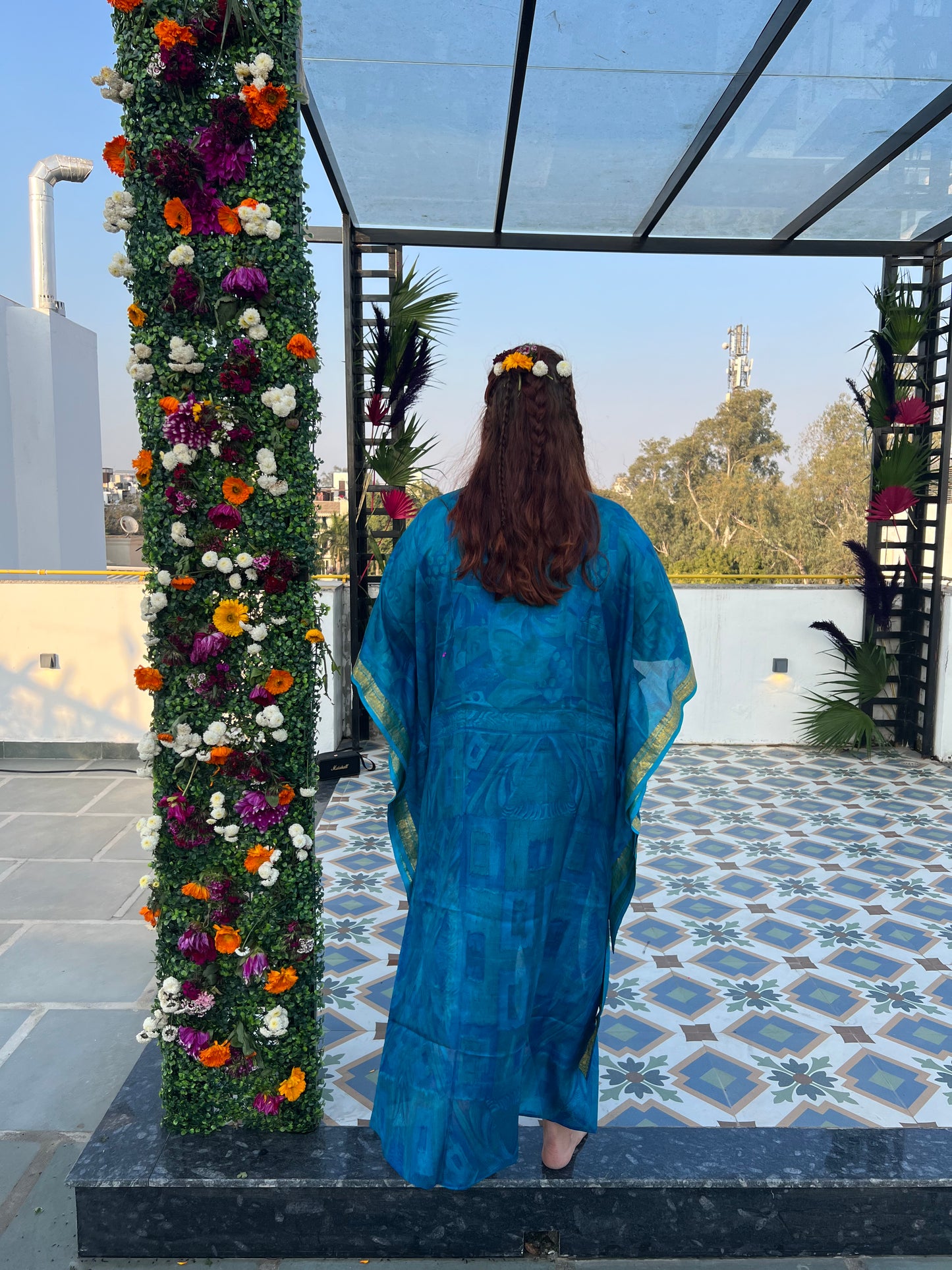 Silk Saree Kaftan Dress - Cerulean Zari