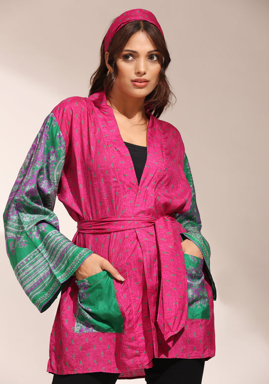 Silk Saree Wrap Jacket - Kelly Green Shocking Pink