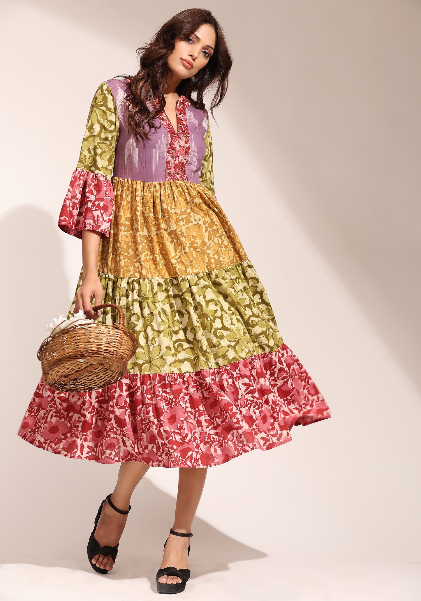 Moons and Stars Embroidery Batik Tiered Dress - Candy