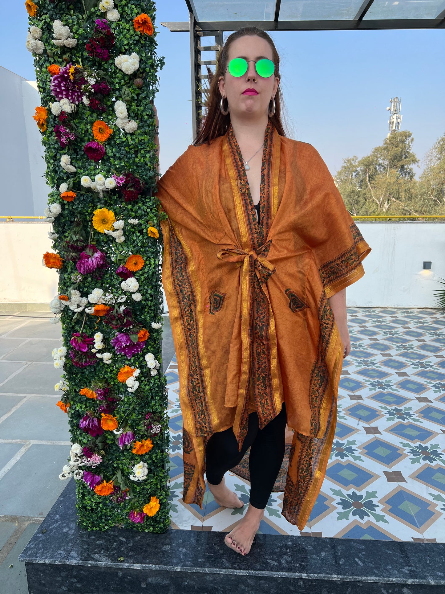 Silk Saree Kaftan Dress - Gilded Burnt Sienna