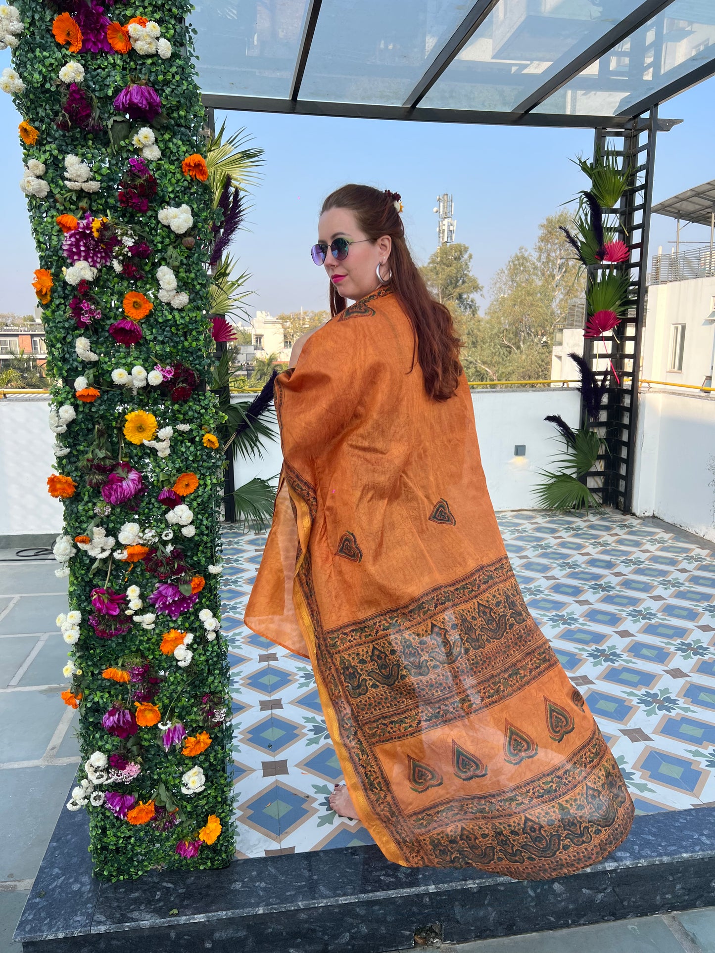 Silk Saree Kaftan Dress - Gilded Burnt Sienna