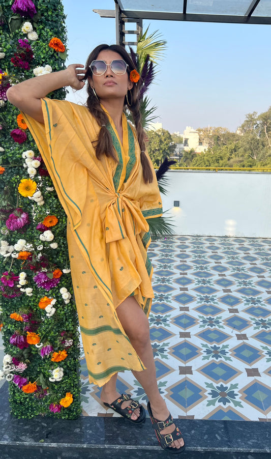 South Indian Cotton Saree Kaftan Dress - Limoncello
