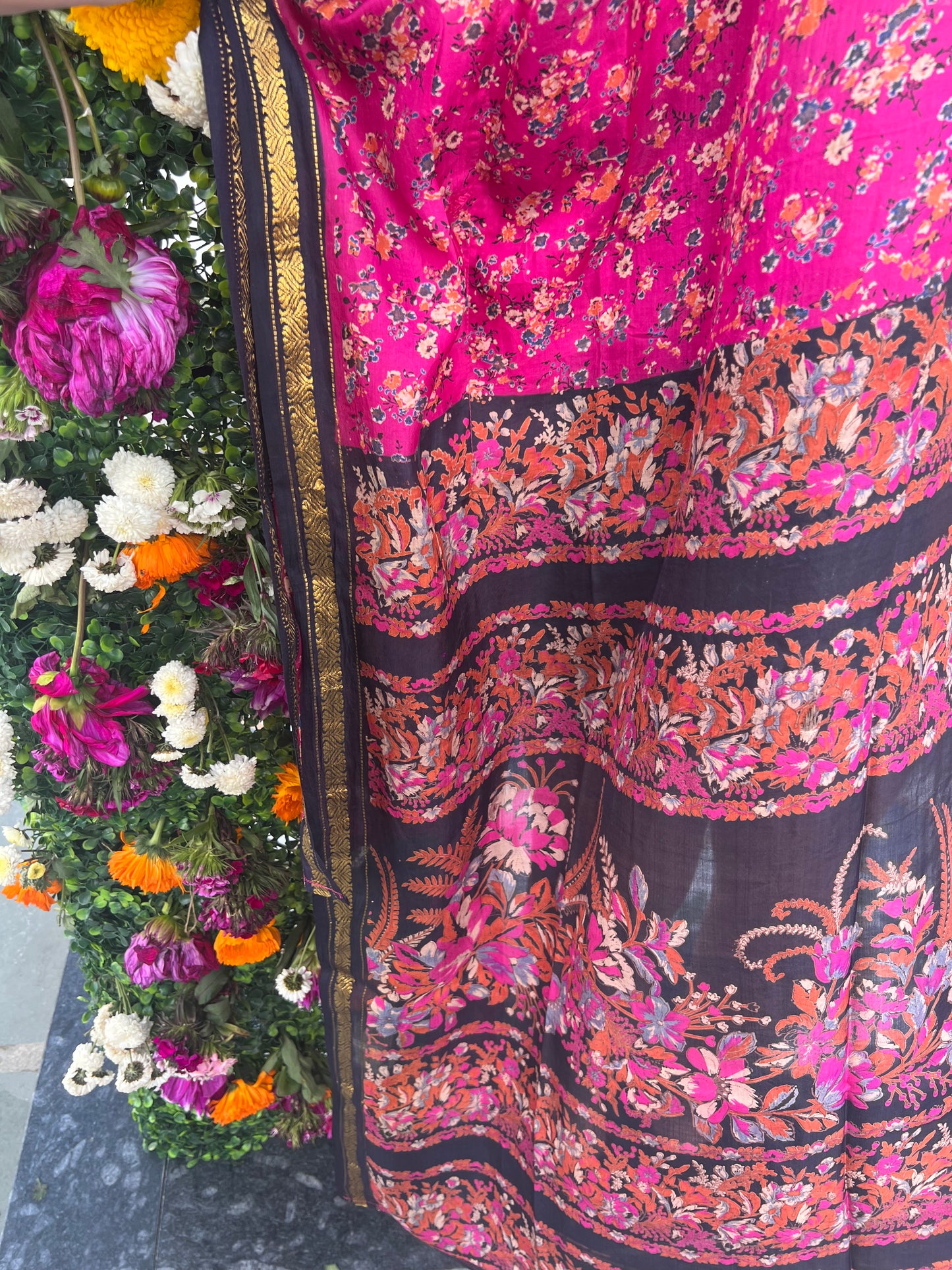 Silk Saree Kaftan Dress - Dark Rose and Gold