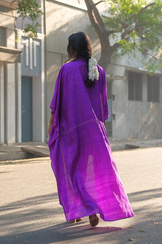 South Indian Silk Saree Kaftan Dress - Royal Violet