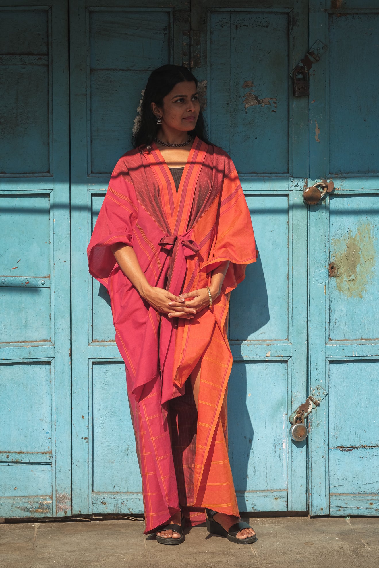 South Indian Cotton Saree Kaftan Dress - Sangria Stripe