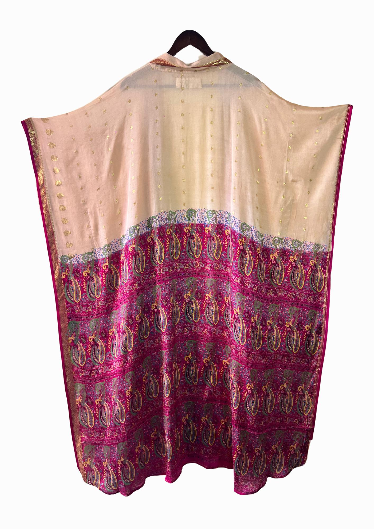 Silk Chiffon Saree Kaftan Dress - Nude and Pink Polka Dot