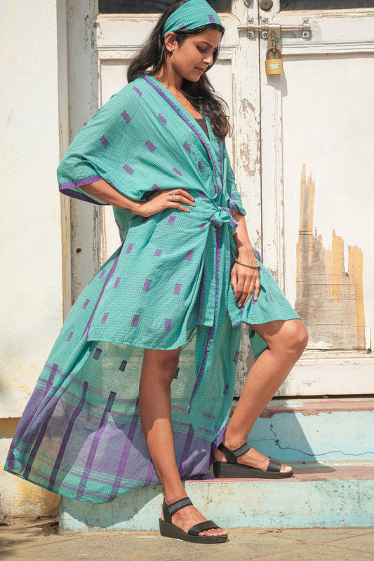 South Indian Cotton Saree Kaftan Dress - Turquoise with Plum Embroidery