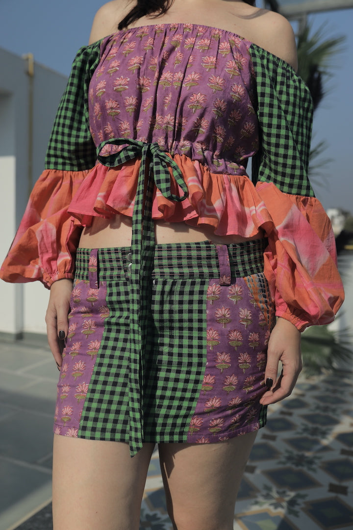 Bangkok Rooftop Embroidered Miniskirt - Shibori, Blockprint and Handloom Khadi