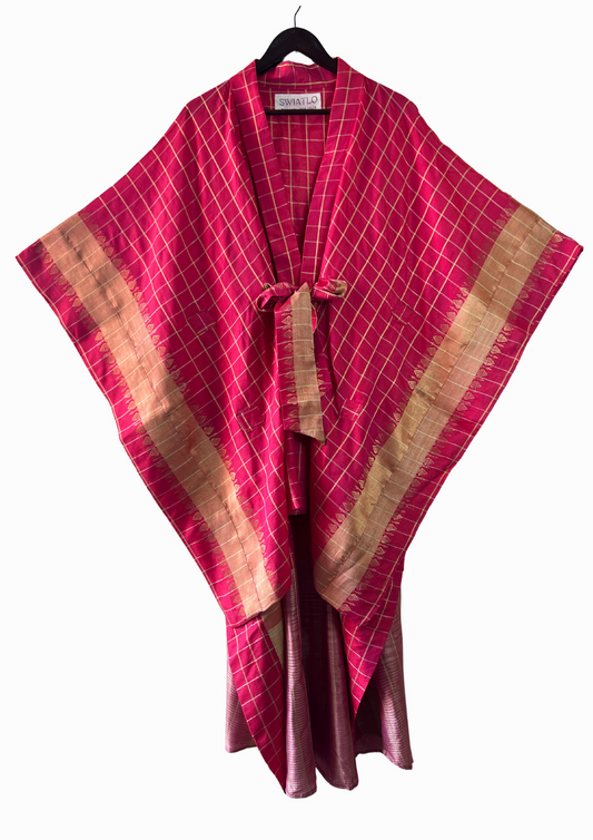 Silk Cotton Saree Kaftan Dress - Shocking Pink and Gold Embroidery