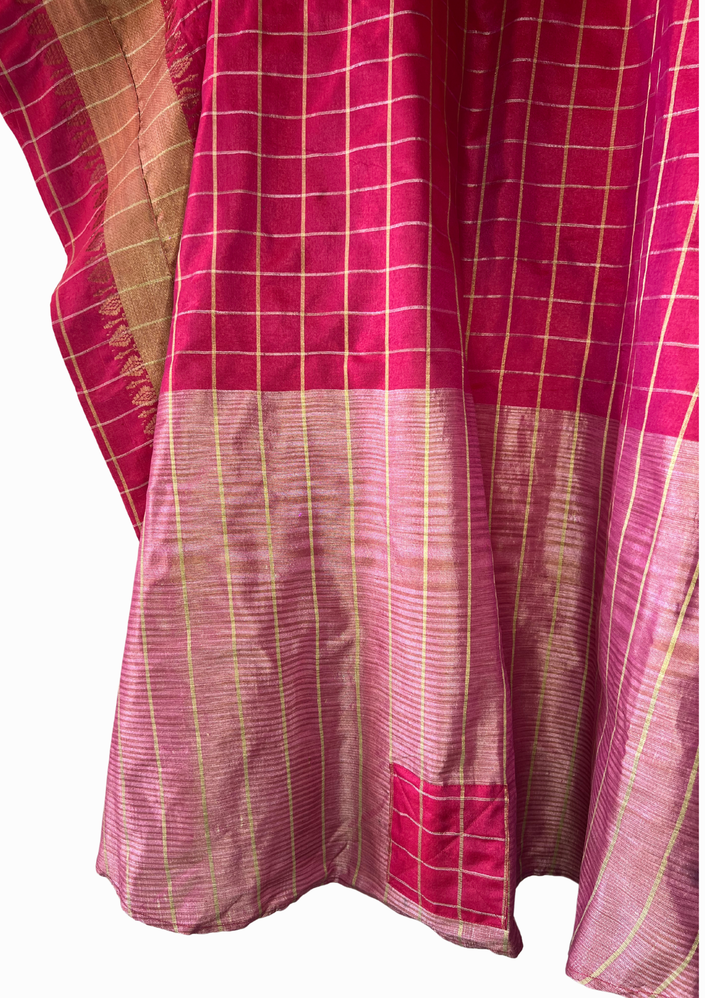 Silk Cotton Saree Kaftan Dress - Shocking Pink and Gold Embroidery