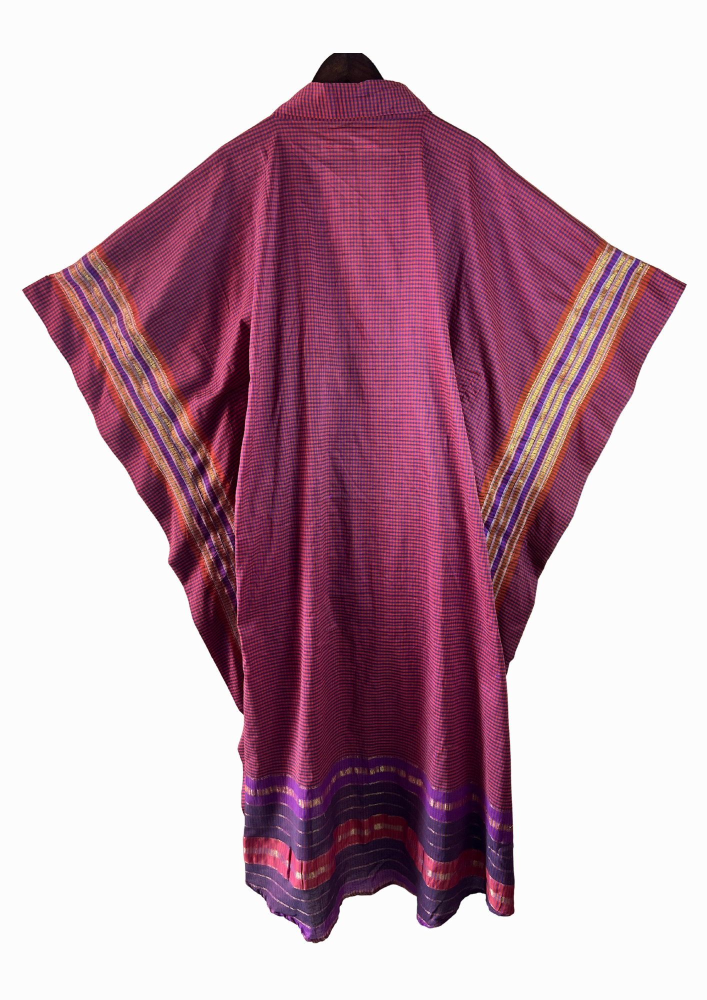 Silk Cotton Saree Kaftan Dress - Gingham Checks and Gold Embroidery