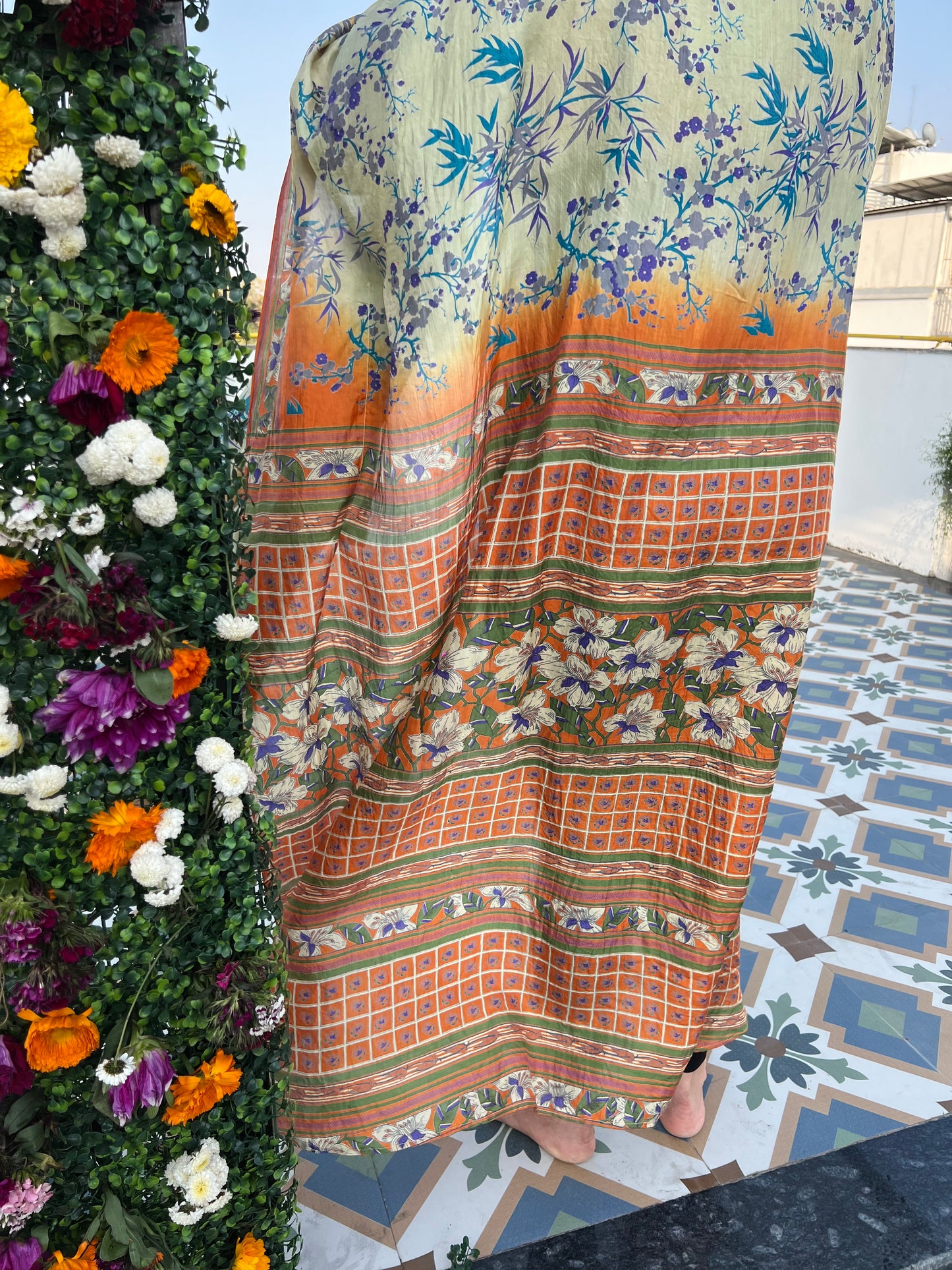 Silk Saree Kaftan Dress - Japanese Flora