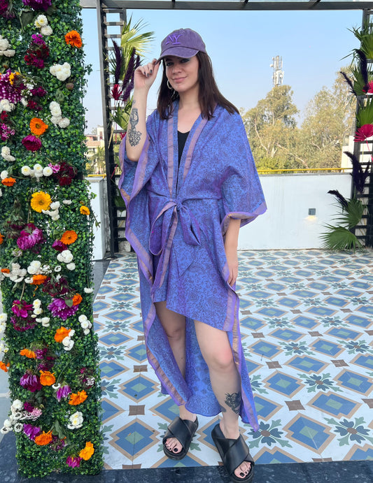 Silk Saree Kaftan Dress - Soft Lavender