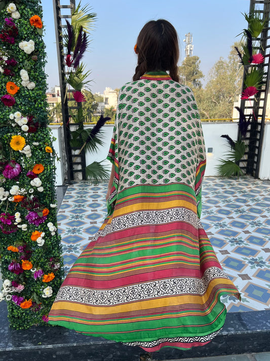 Silk Saree Kaftan Dress - Paisley Stripe