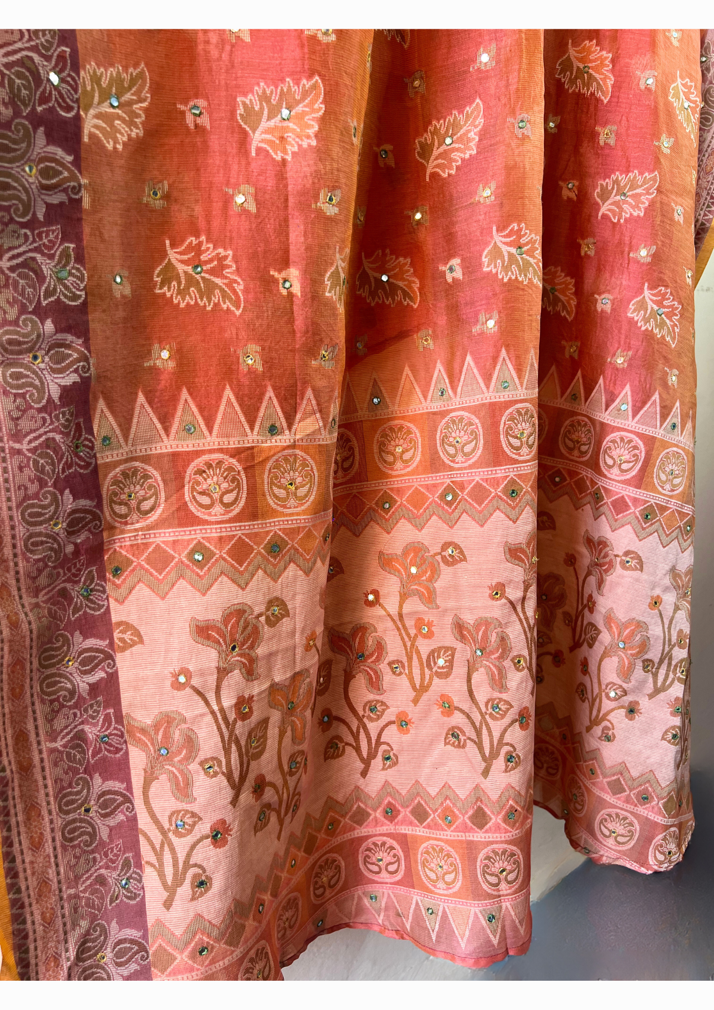 Silk Saree Kaftan Dress - Peach Mirror Embroidery