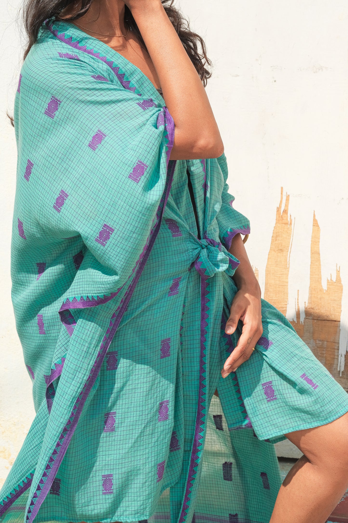 South Indian Cotton Saree Kaftan Dress - Turquoise with Plum Embroidery