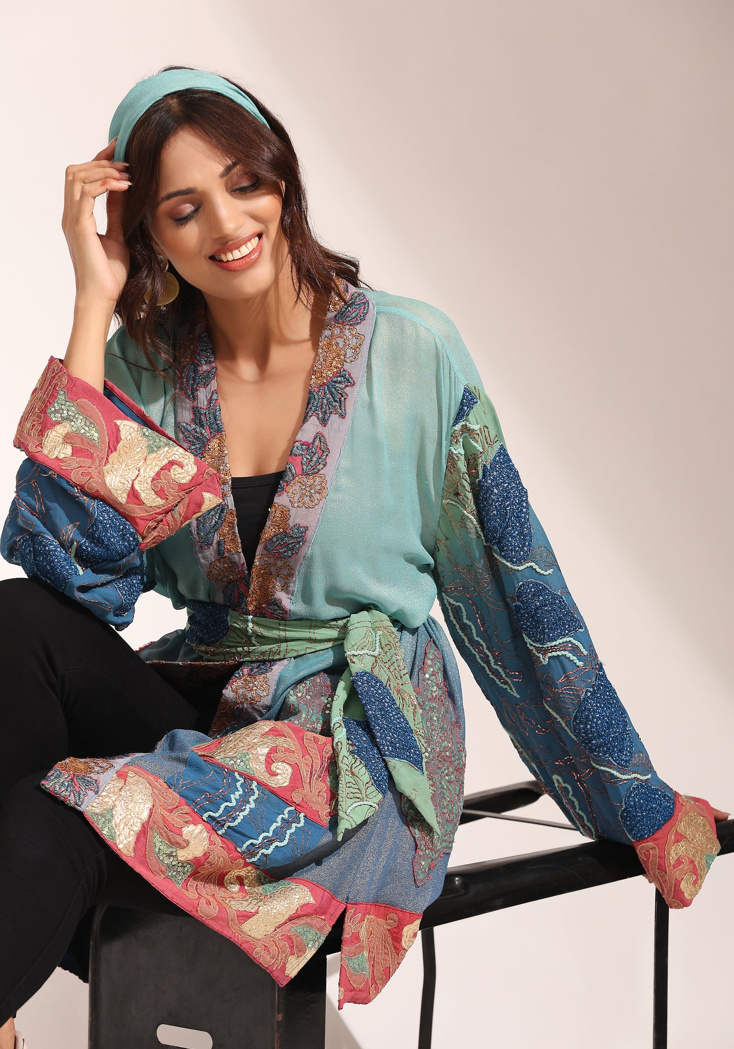 Embroidered Silk Saree Wrap Jacket - Seafoam