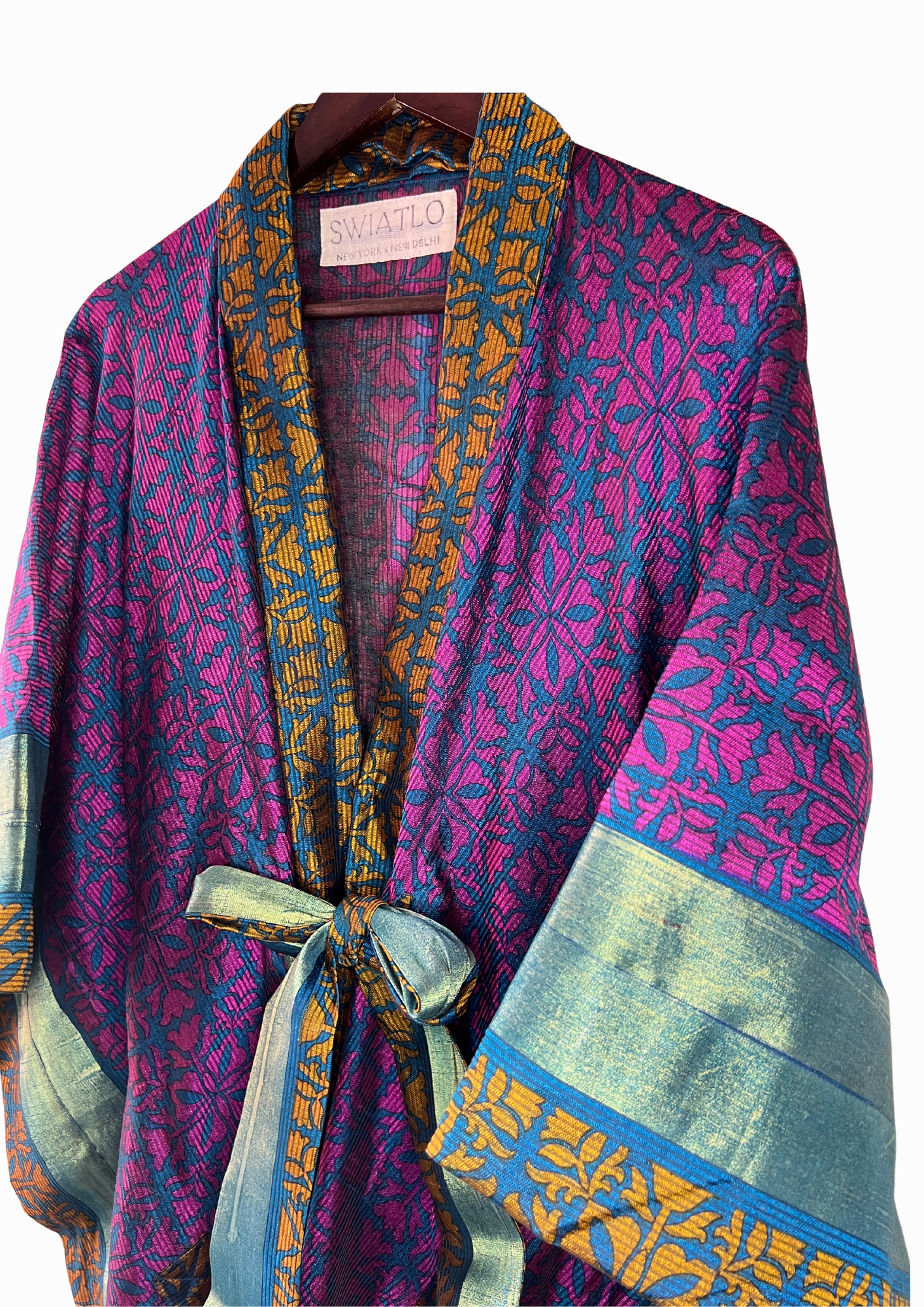 Silk Saree Kaftan Dress - Colorblocked Floral with Rare Teal Shine