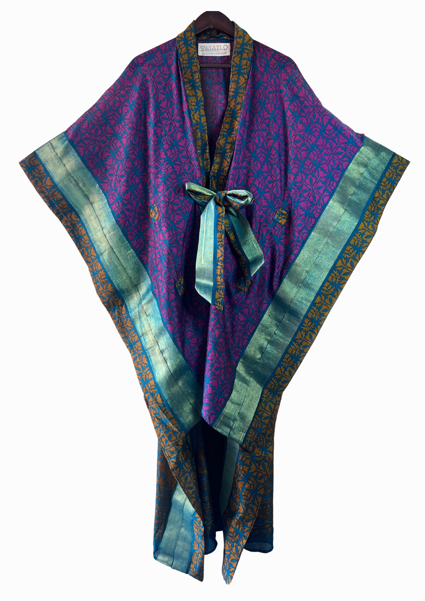 Silk Saree Kaftan Dress - Colorblocked Floral with Rare Teal Shine